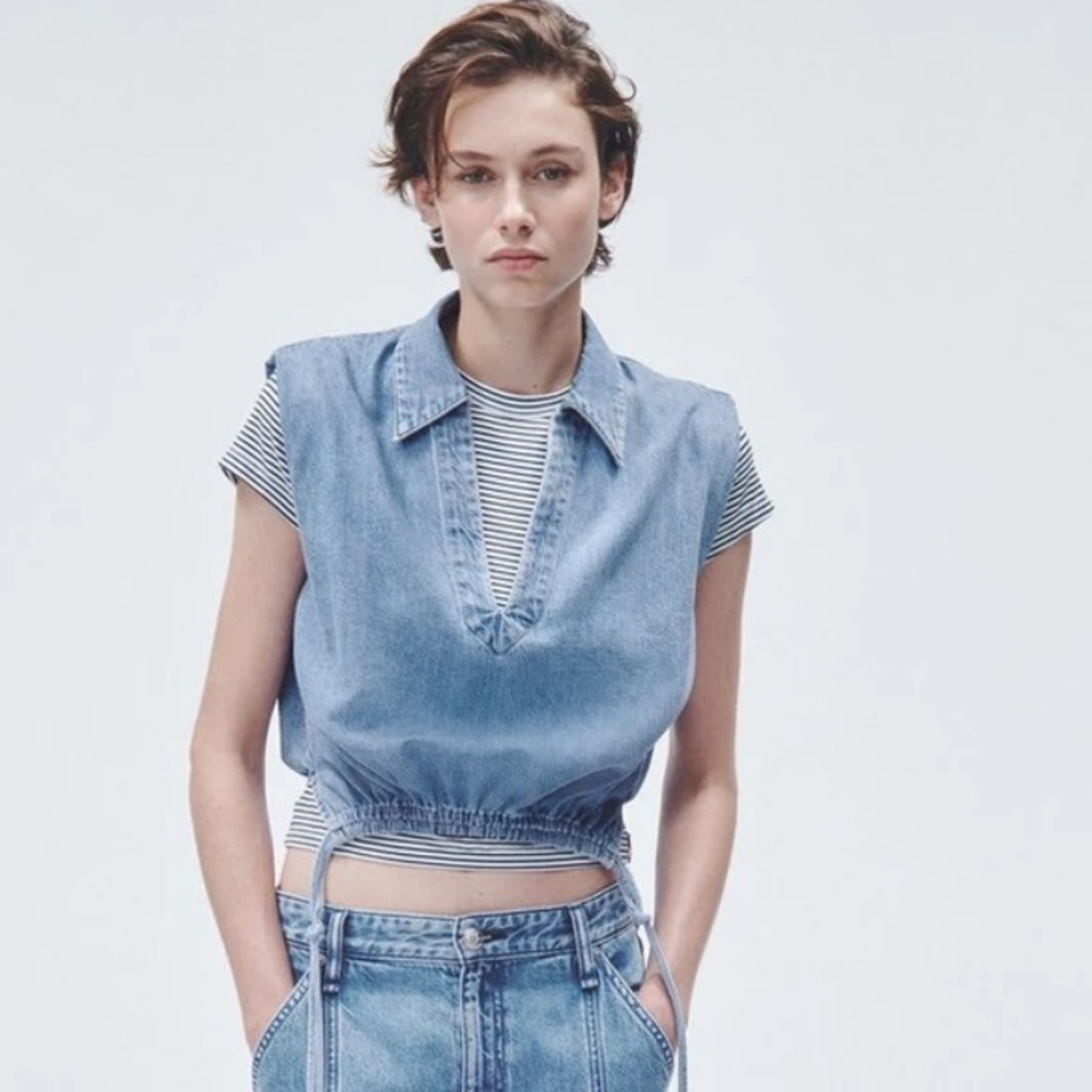 Rag & Bone Ultra Featherweight Denim Fiona Cropped Denim Top Size Small - Picture 2 of 14
